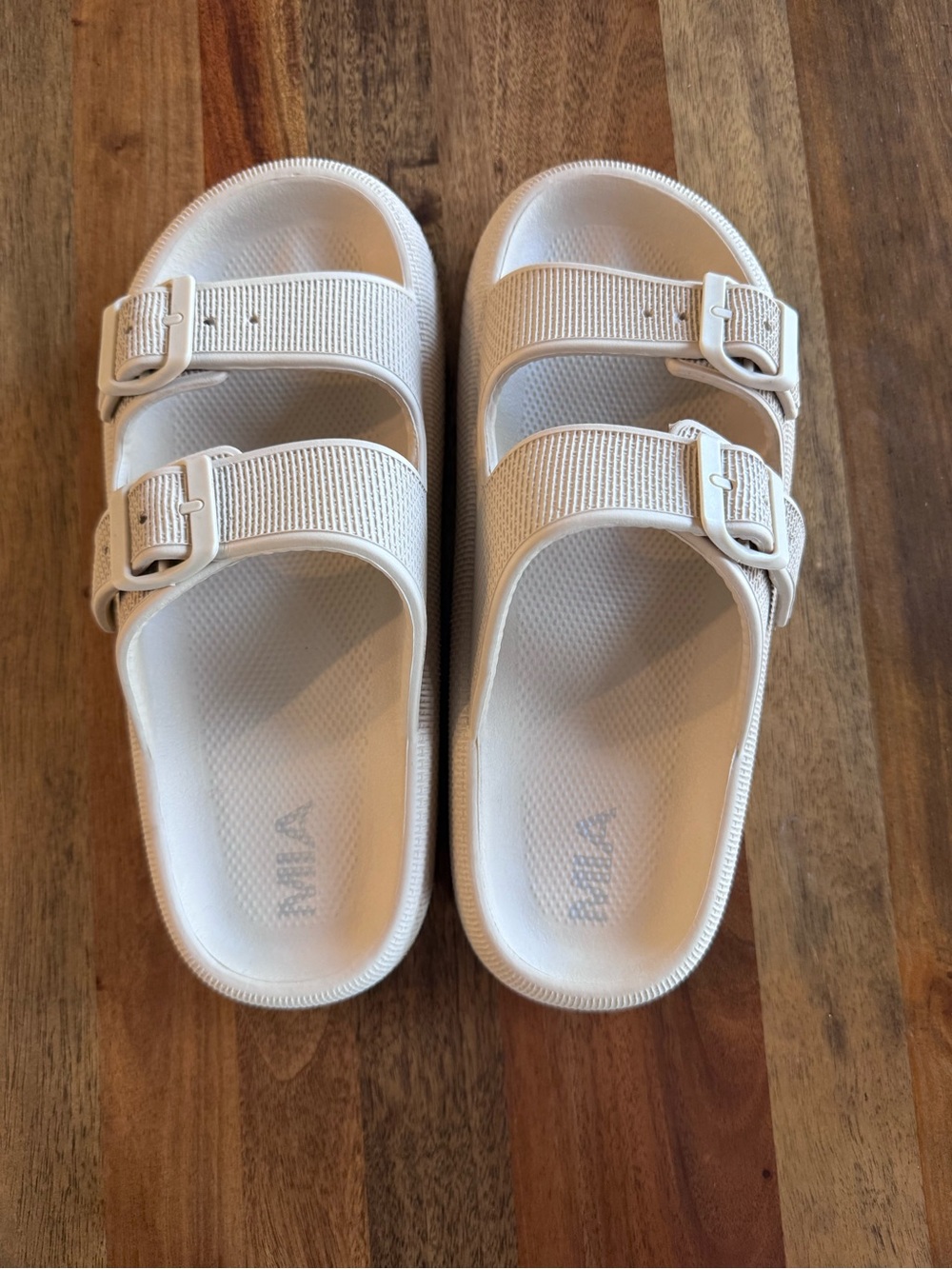 Mia Beige Double-Strap Slide Sandals